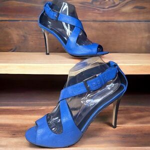 Charles David Blue Leather Stiletto Sandals Peep Toe Ankle Strap Women's Size 8